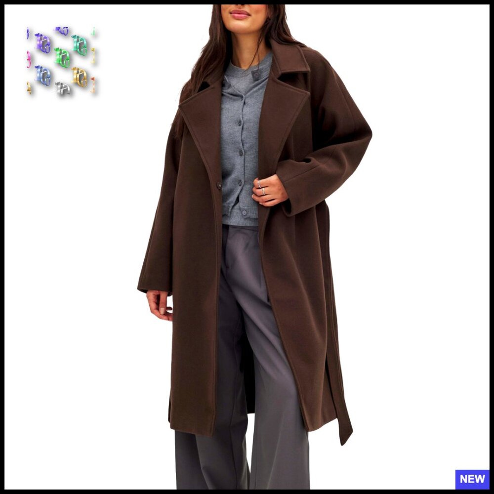 Classic Trench Coat Wool Blend Belted Notch Lapel Loose Fit Long Peacoat
